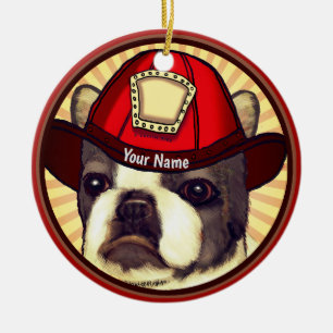 Adorno De Cerámica Bombero Boston Terrier