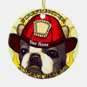Adorno De Cerámica Bombero Boston Terrier