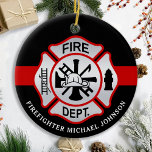 Adorno De Cerámica Bombero maltés cruzado Personalizado Fuego<br><div class="desc">Ornamento del bombero de la Cruz Roja maltesa de la Línea Roja Delgada - diseño moderno rojo y plateado negro. Personalice con los departamentos de bomberos, el nombre del bombero o su texto. Este adorno de bomberos personalizado es perfecto para departamentos de bomberos, servicio de bomberos, o como conservador conmemorativo,...</div>