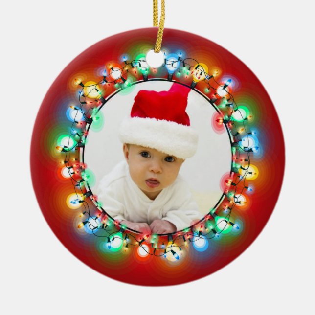 Adorno De Cerámica Bombillas de Navidades fotográficos de fondo rojo (Frente)