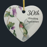 Adorno De Cerámica Bonito de Aniversario del 30° Boda Flores de Aves<br><div class="desc">Celebrar un especial aniversario de 30 bodas con un adorno de corazón personalizado. El diseño del colibrí y las flores fue creado a partir de mi pintura acuarela original en tonos pastel de rosa,  crema,  gris y verde. Delicia en este adorno festivo y romántico.</div>