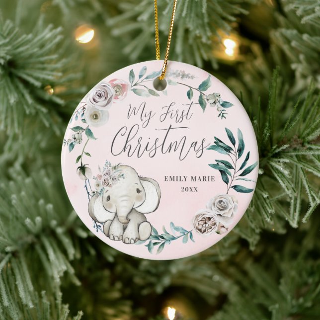 Adorno De Cerámica Bonito Elefante Floral Chica Bebé Primer Navidad (Árbol)