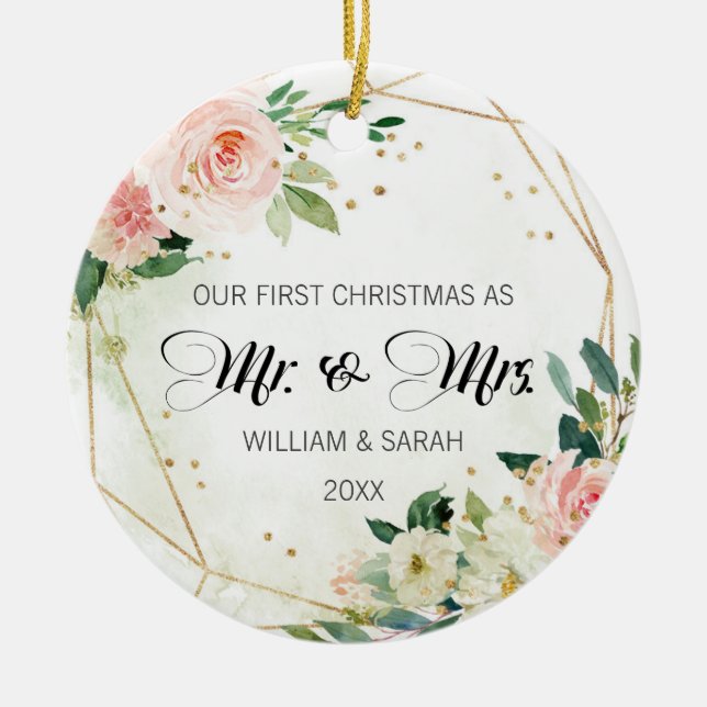 Adorno De Cerámica Bonito Floral y acuarela Gold Primera Navidad (Frente)