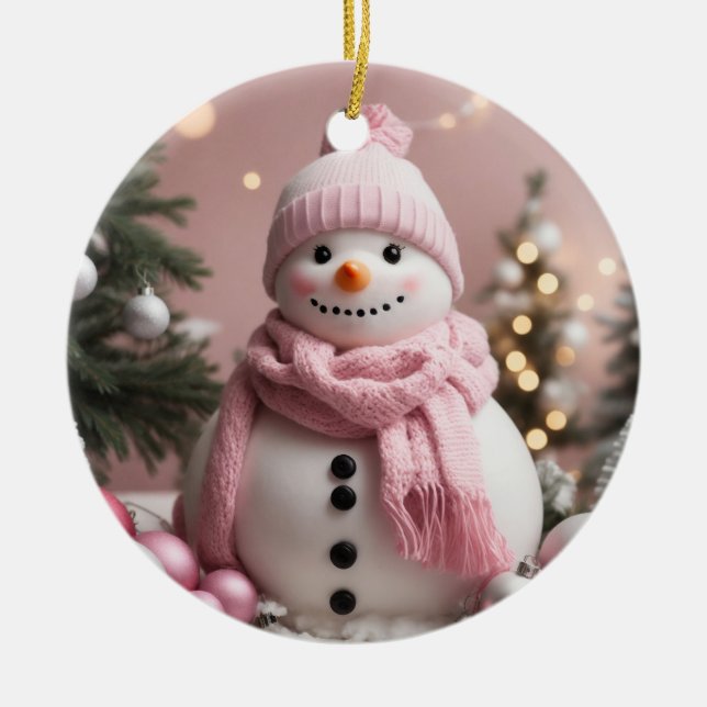 Adorno De Cerámica Bonito Navidades rosados Snowman (Frente)