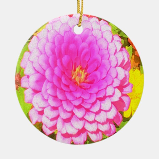 Adorno De Cerámica Bonito redonda de zinnia rosa en el jardín de vera (Frente)