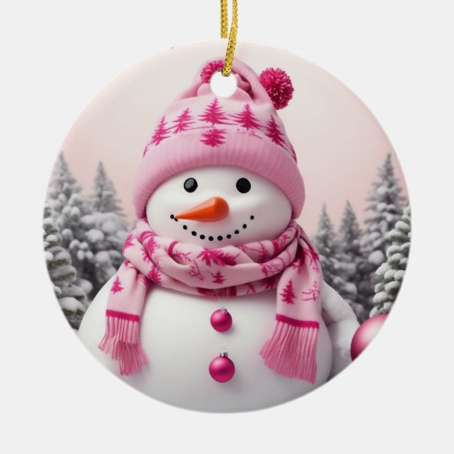 Adorno De Cerámica Bonito Rosa Xmas Snowman (Frente)