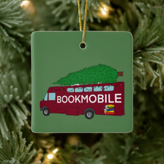Adorno De Cerámica Bookmobile con Árbol de Navidad al principio