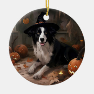 Adorno De Cerámica Borde de Collie Pumpkins Halloween Scary