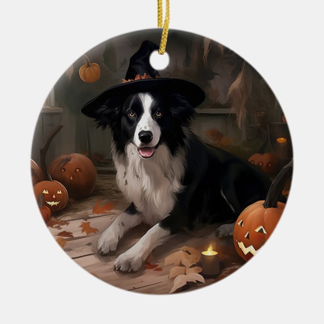 Adorno De Cerámica Borde de Collie Pumpkins Halloween Scary (Frente)