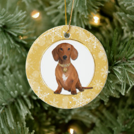 Adorno De Cerámica Borde de copo de nieve blanco dorado Dachshund roj