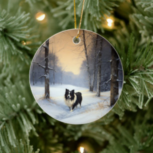 Adorno De Cerámica Border Collie Deja que nieve Navidad