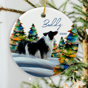 Adorno De Cerámica Border Collie en el bosque de nieve invernal árbol