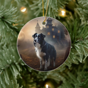 Adorno De Cerámica Border Collie Halloween Aterrador