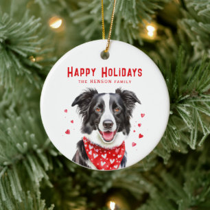 Adorno De Cerámica Border Collie Pañuelo Corazón Rojo Navidad