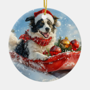 Adorno De Cerámica Border Collie Perro en Trineo Deja que Nieve Navid