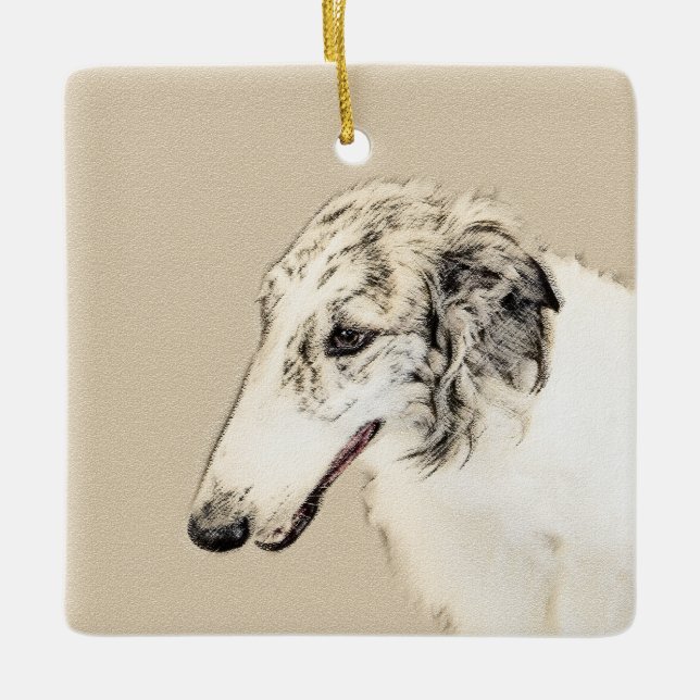 Adorno De Cerámica Borzoi (Brindle plateado) Pintura original de arte (Anverso)