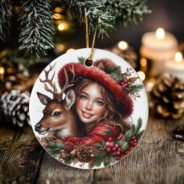 Adorno De Cerámica Bosque de feriado de invierno y Chica Holly (Winter Solstice Holly Girl & Deer Holiday Forest Ceramic Ornament)