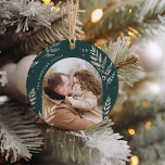 Adorno De Cerámica Bosque | Foto de Winter Laurel<br><div class="desc">Una moda y un elegante diseño de adorno vacacional con una foto favorita a cada lado en un diseño único en arcos, adornado con un follaje botánico muy detallado. Personalice estos hermosos y festivos adornos con su nombre familiar y el año para una memorable adición a su árbol de Navidad....</div>