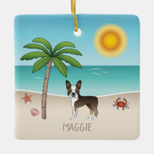 Adorno De Cerámica Boston Terrier Atigrado En Una Playa Tropical De V
