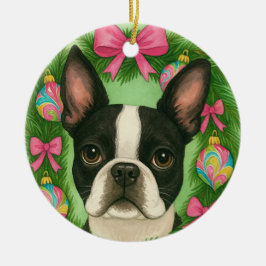 Adorno De Cerámica Boston Terrier Christmas Ornament
