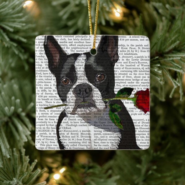 Adorno De Cerámica Boston Terrier con Rosa en boca (Árbol)