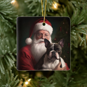Adorno De Cerámica Boston Terrier con Santa Claus Navideño Festivo