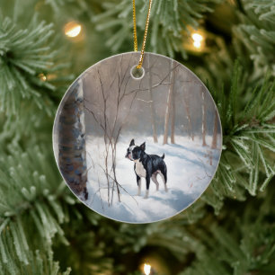 Adorno De Cerámica Boston Terrier Deja que nieve Navidad