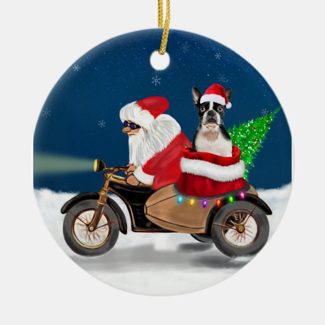 Adorno De Cerámica Boston Terrier Dog Christmas Santa Claus  (Frente)