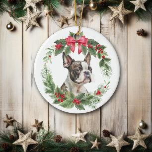 Adorno De Cerámica Boston Terrier Dog Red Bow Holly Wreath