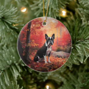 Adorno De Cerámica Boston Terrier en otoño hojas caídas inspiran
