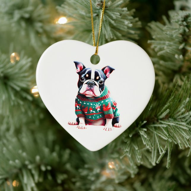 Adorno De Cerámica Boston Terrier en suéter Navidad (Árbol)