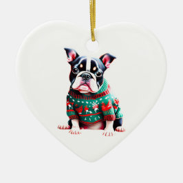 Adorno De Cerámica Boston Terrier en suéter Navidad