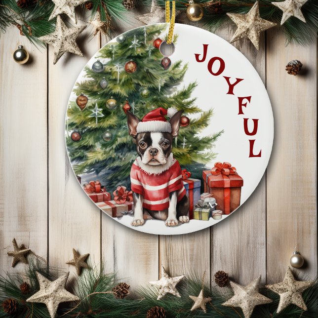 Adorno De Cerámica Boston Terrier en suéter y Navidades Gorras (Subido por el creador)