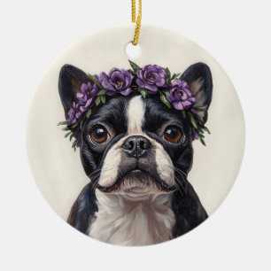 Adorno De Cerámica Boston Terrier en una corona de flores moradas