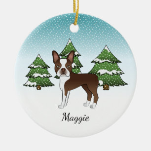 Adorno De Cerámica Boston Terrier Marrón en un Bosque Invernal & Nomb