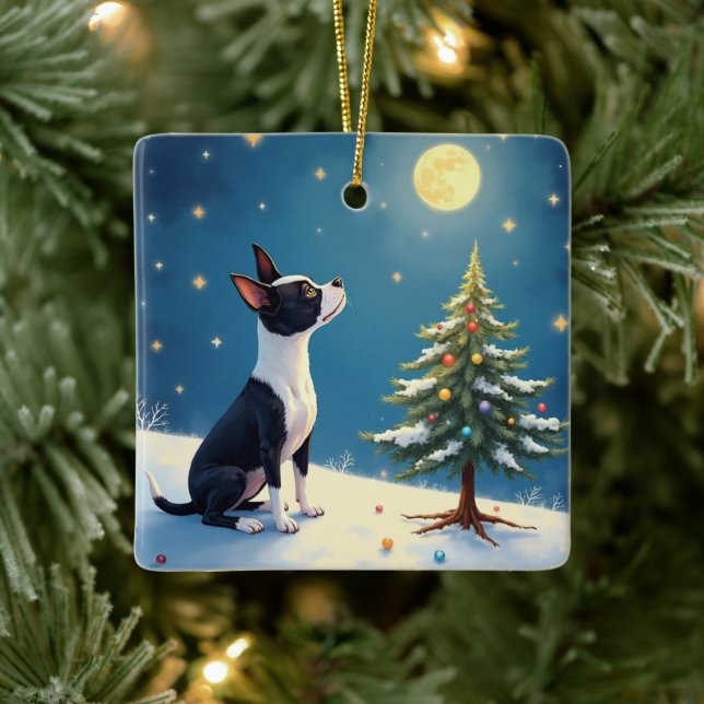 Adorno De Cerámica Boston Terrier Midnight Star-Gazing Christmas (Árbol)