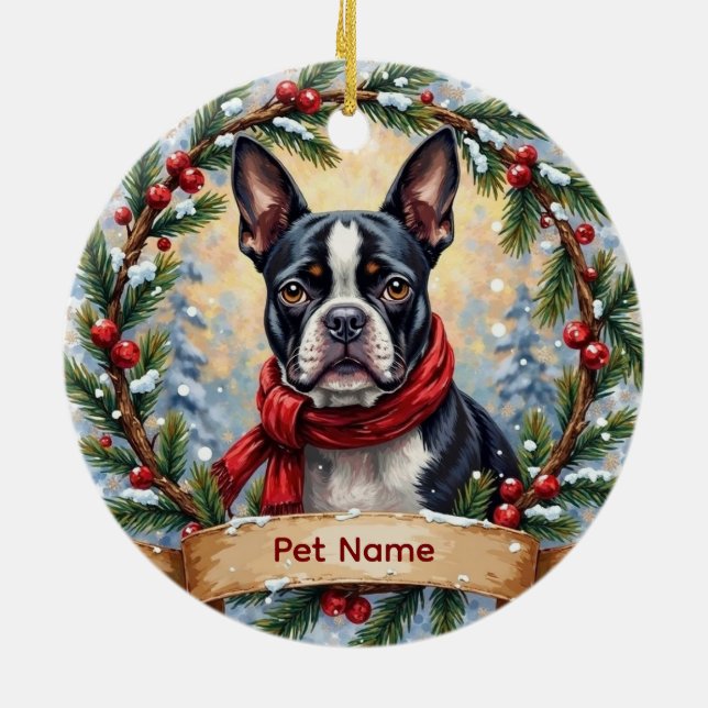 Adorno De Cerámica Boston Terrier Navidad (Atrás)