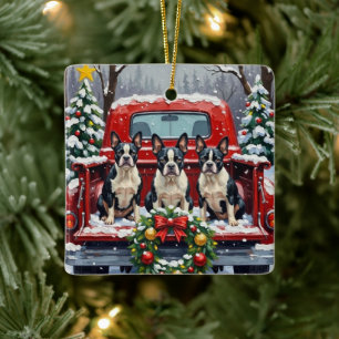 Adorno De Cerámica Boston Terrier Navidad Camión Rojo Fiesta