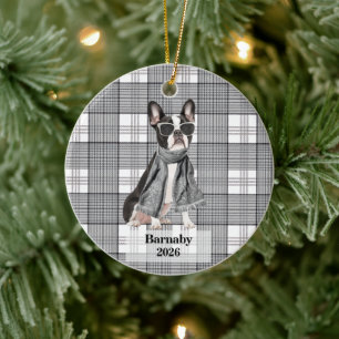 Adorno De Cerámica Boston Terrier Negro Cuadros Blancos Personalizado