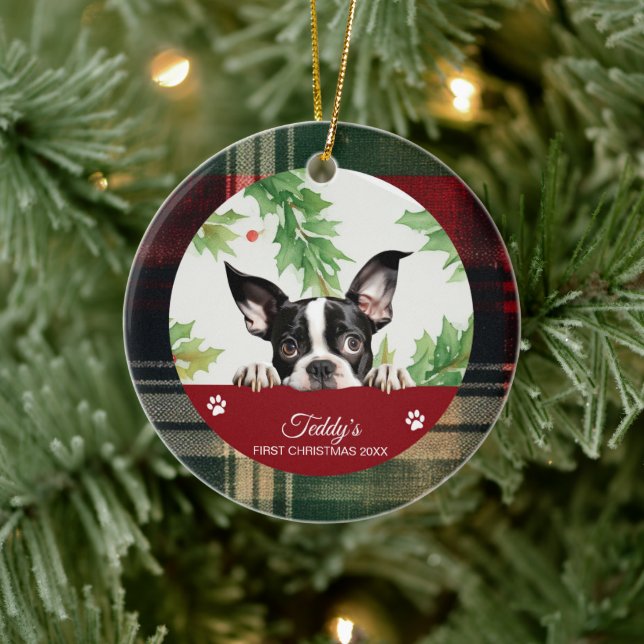 Adorno De Cerámica Boston Terrier Primera Navidad Personalizada (Árbol)