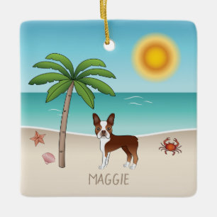 Adorno De Cerámica Boston Terrier Rojo en una Playa Tropical de Veran