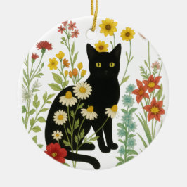 Adorno De Cerámica Botanical Nature – Black Cat in Wildflower Garden