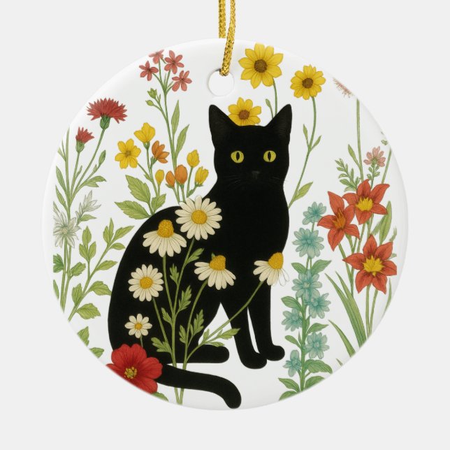 Adorno De Cerámica Botanical Nature – Black Cat in Wildflower Garden (Frente)
