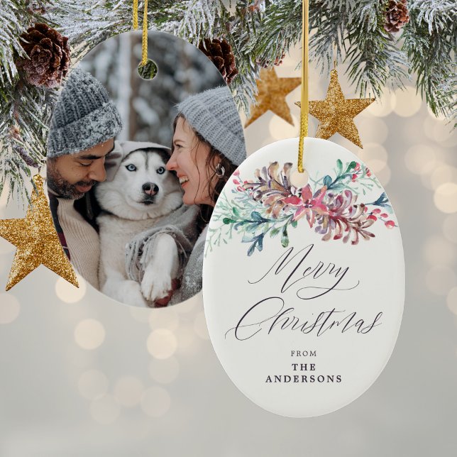 Adorno De Cerámica Botánicos de invierno Foto beige Feliz Navidad (Mockup View)