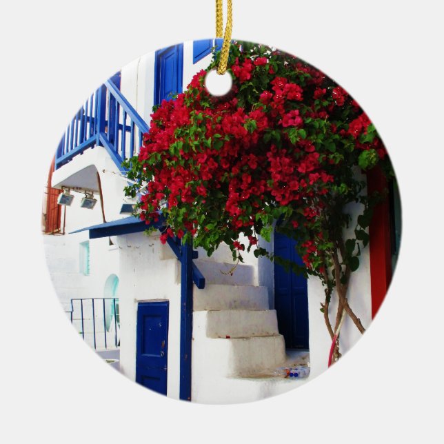Adorno De Cerámica Bougainvillea crece en casa en Mykonos, Grecia (Frente)