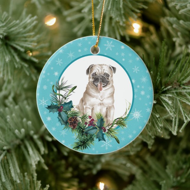 Adorno De Cerámica Bouquet de vacaciones azul del perro de pug Snowfl (Árbol)