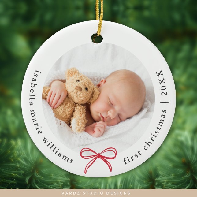 Adorno De Cerámica Bow Photo Modern Baby First Christmas (Circle ceramic ornament shown, personalize and choose ceramic or metal.)