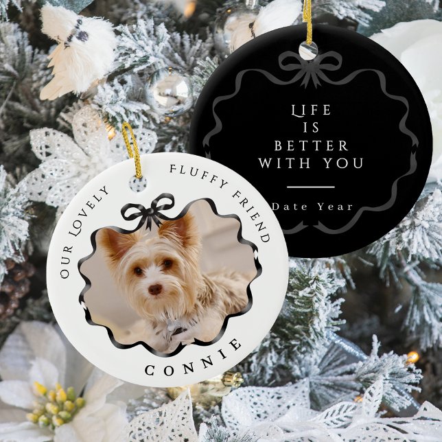 Adorno De Cerámica Bow Ribbon Mascota Memory Photo Black (Bow Ribbon Pet Memory Photo Black Ceramic Ornament)