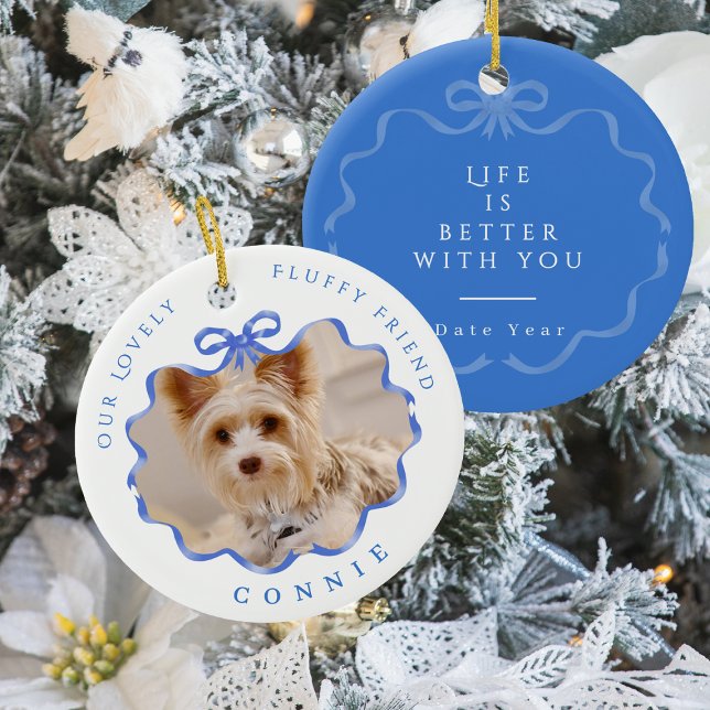 Adorno De Cerámica Bow Ribbon Mascota Memory Photo Blue (Bow Ribbon Pet Memory Photo Blue Ceramic Ornament)