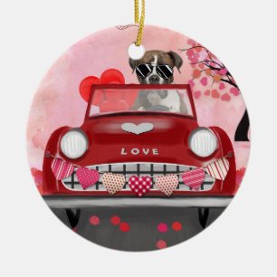Adorno De Cerámica Boxer Dog Driving Car con Corazones Valentine